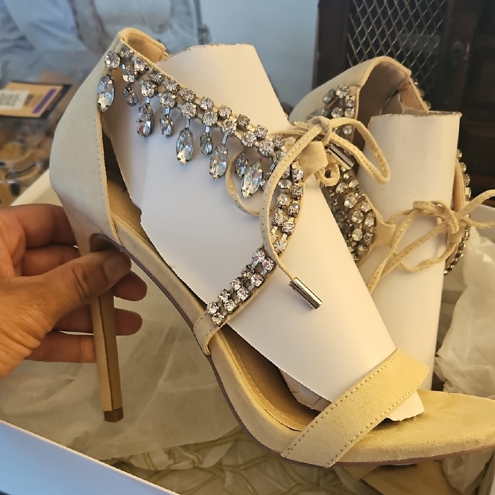 Elegant Cream Stiletto Heels with Rhinestone Detailing